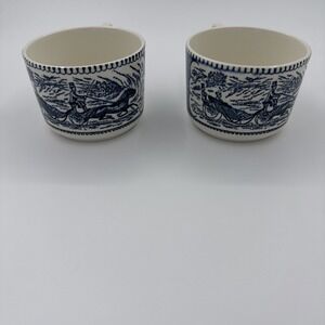 VTG 2 Currier & Ives Blue & White Coffee/Tea Cups Horse & Carriage Early Winter